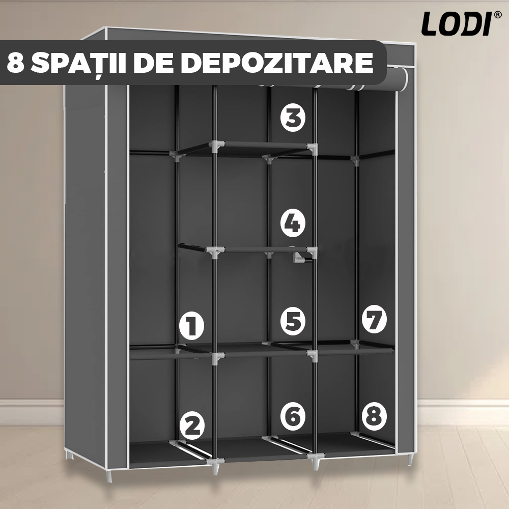 Dulap din Material Textil pentru Haine si Incaltaminte Lodi423, impermeabil, 8 rafturi, inchidere fermoar, suport umerase, cadru otel, 170 cm, gri