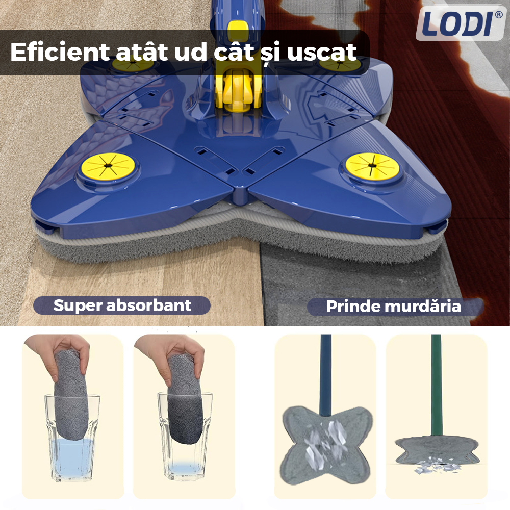Mop cu Cap in Forma de Stea Lodi1153, rotire 360 grade, telescopic, curatare usoara, 2 lavete incluse, 123 cm, albastru/galben
