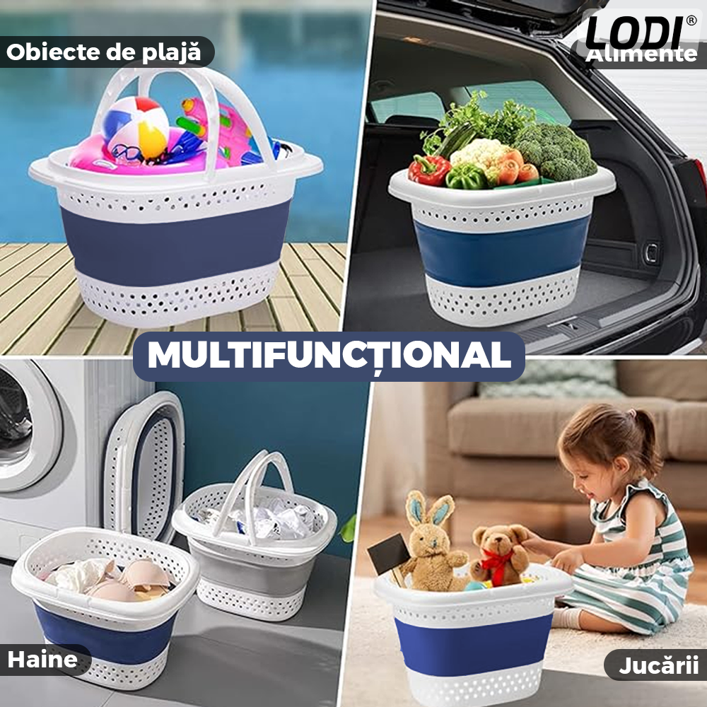 Cos de Rufe Pliabil Mic cu Manere Lodi942, organizare si depozitare, multifunctional, compact, 30 litri, 42 x 32 x 28 cm, albastru