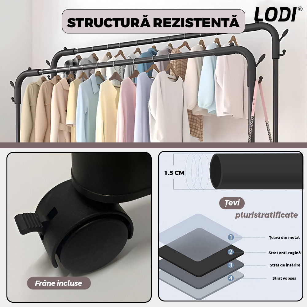 Suport pentru Umerase Lodi1243, haine/pantofi/genti, capacitate ridicata, mobil, roti cu frana incorporate, cuiere laterale, metal, 150 x 96 x 45 cm, negru