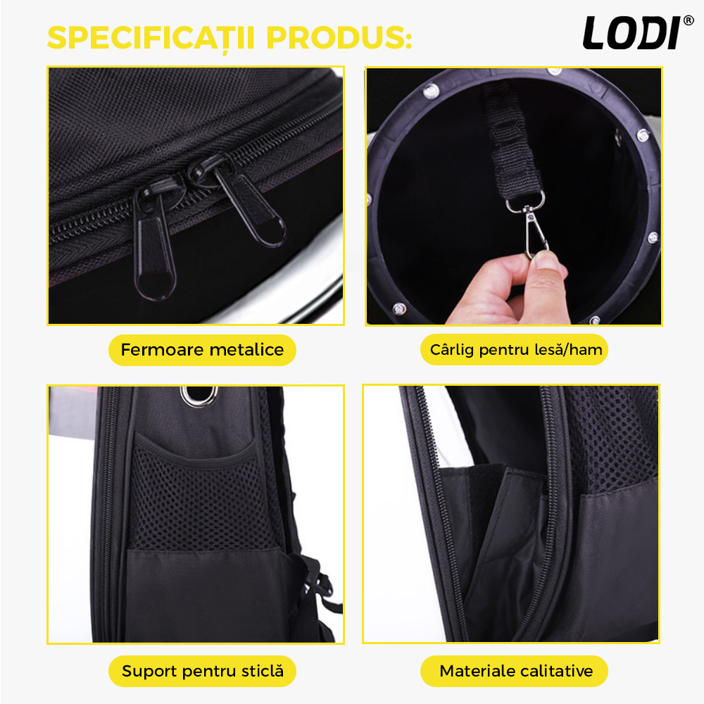 Rucsac Transport Animale Lodi24, greutate Max 7kg, hublou transparent, buzunar lateral, accesorii incluse, pentru talie mica, model Monstrulet, negru