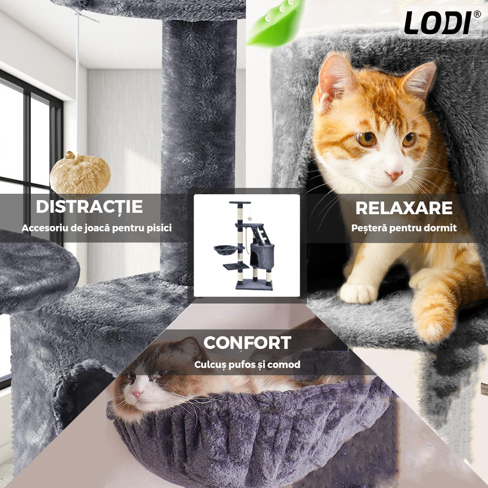 Ansamblu de Joaca pentru Pisici Lodi631, tip turn, 1 platforma de observatie, 4 niveluri, 1 casuta, scara, franghie si mingiute de joaca, stalpi pentru zgariat, captuseala extra moale, structura stabila, 118 cm, gri inchis