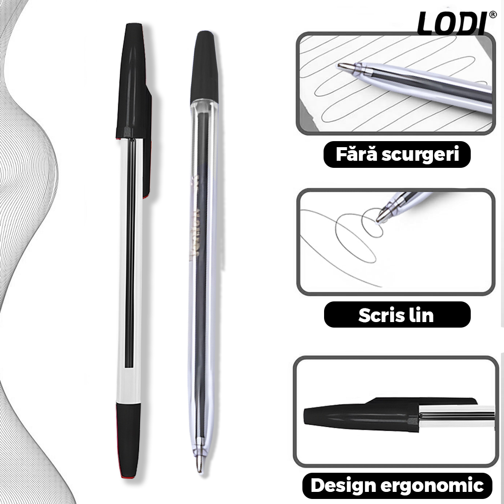 Set 50 de Pixuri Lodi1509, tip ballpoint, material rezistent, durabile, rezistente in timp, cap 0.7 mm, scriere neteda cu uscare rapida, cu capac, corp de plastic, negru