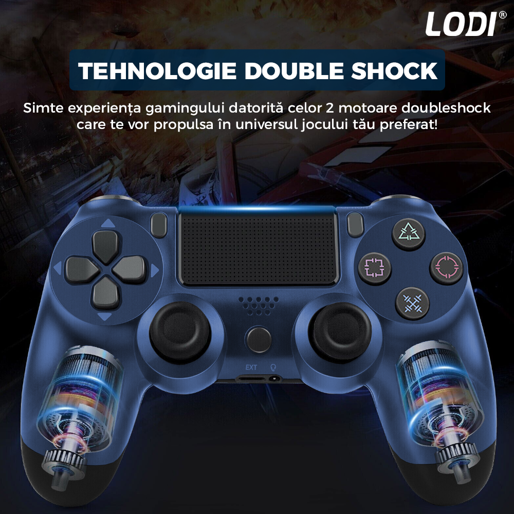 Controller Wireless DoubleShock Lodi1194, compatibil cu PS4, joystick-uri analog, vibratie dubla, baterie performanta, albastru