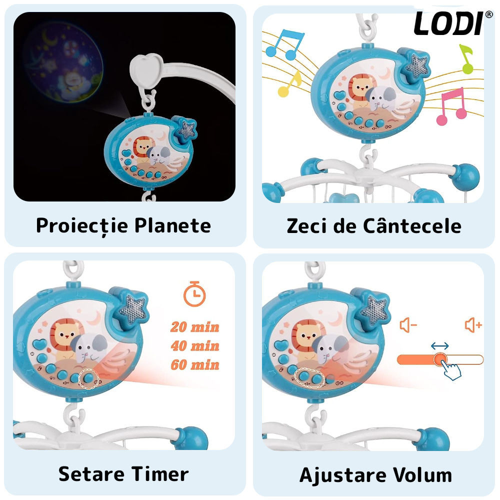 Carusel Muzical pentru Patut Lodi137, Bebe, control prin telecomanda, proiector, muzica si lumini, jucarii detasabile, multicolor