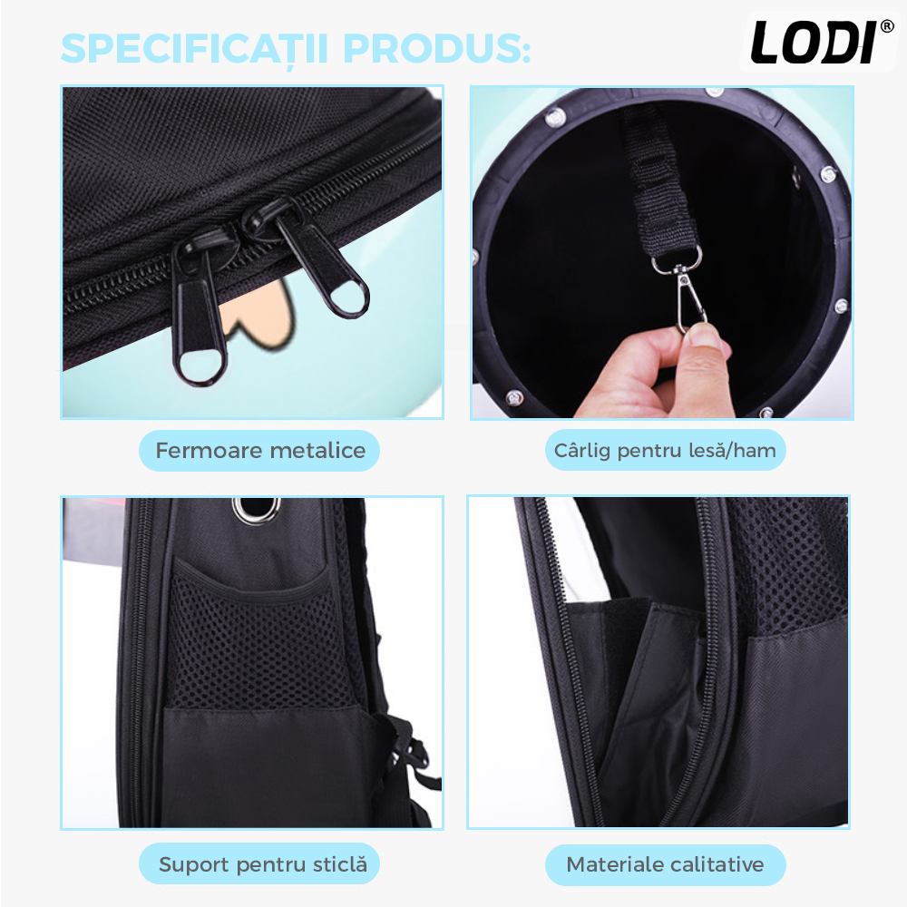 Rucsac Transport Animale Lodi25, greutate Max 7kg, hublou transparent, buzunar lateral, accesorii incluse, pentru talie mica, model Pisica, bleu