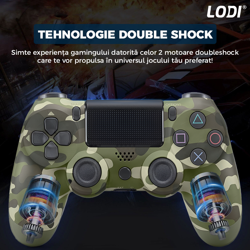 Controller Wireless DoubleShock Lodi1195, compatibil cu PS4, joystick-uri analog, vibratie dubla, baterie performanta, cammouflage