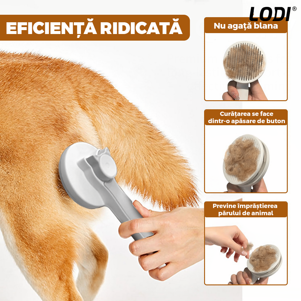 Perie pentru Curatarea si Ingrijirea Animalelor Lodi1129, buton auto-curatare, descalcire si prevenire naparlire, ingrijire si tundere blana, materiale calitative, 18.5 x 7.5 cm, alb