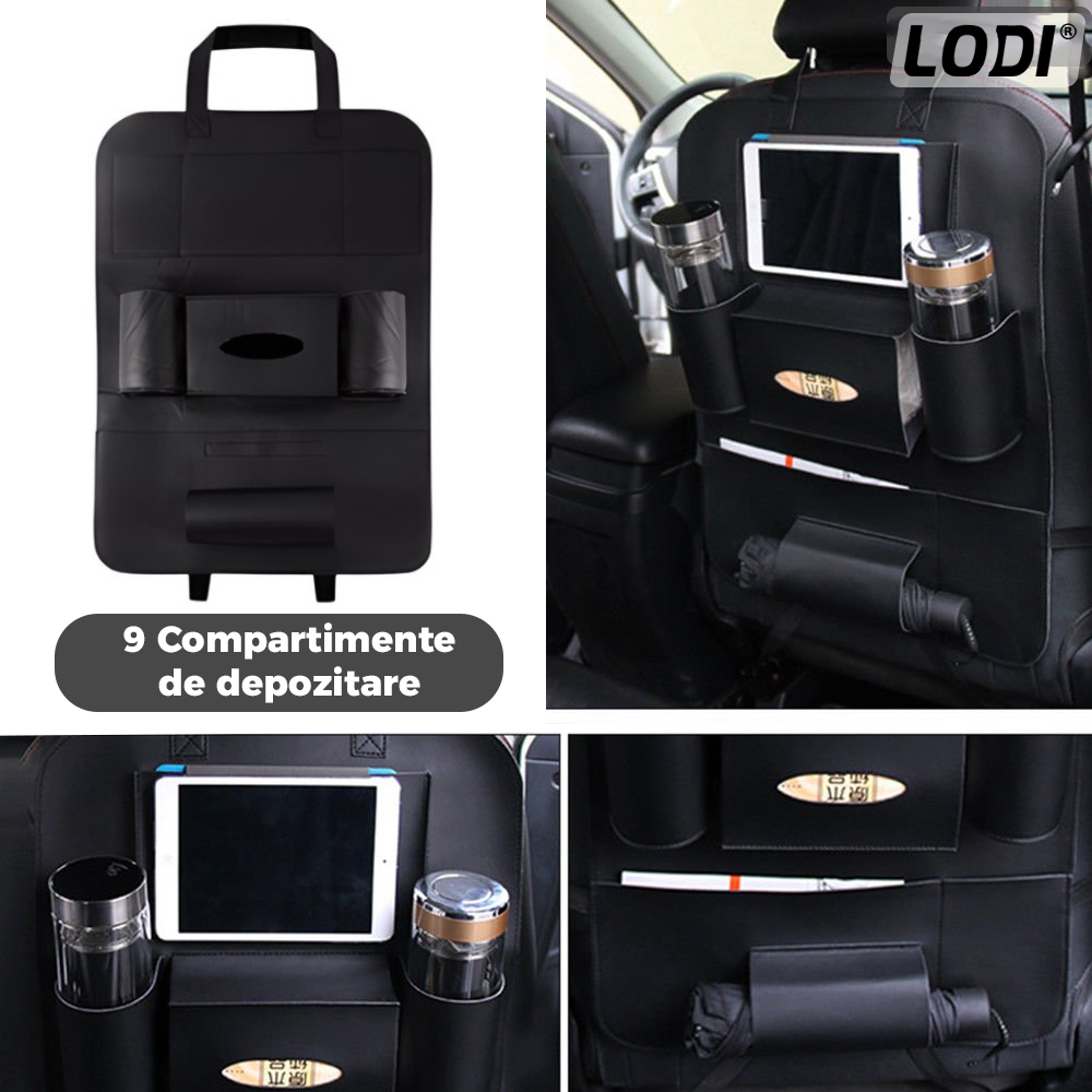 Organizator pentru Scaun Auto Lodi136, 9 Compartimente, multifunctional, universal, suport tableta si telefon, suport servetele, negru