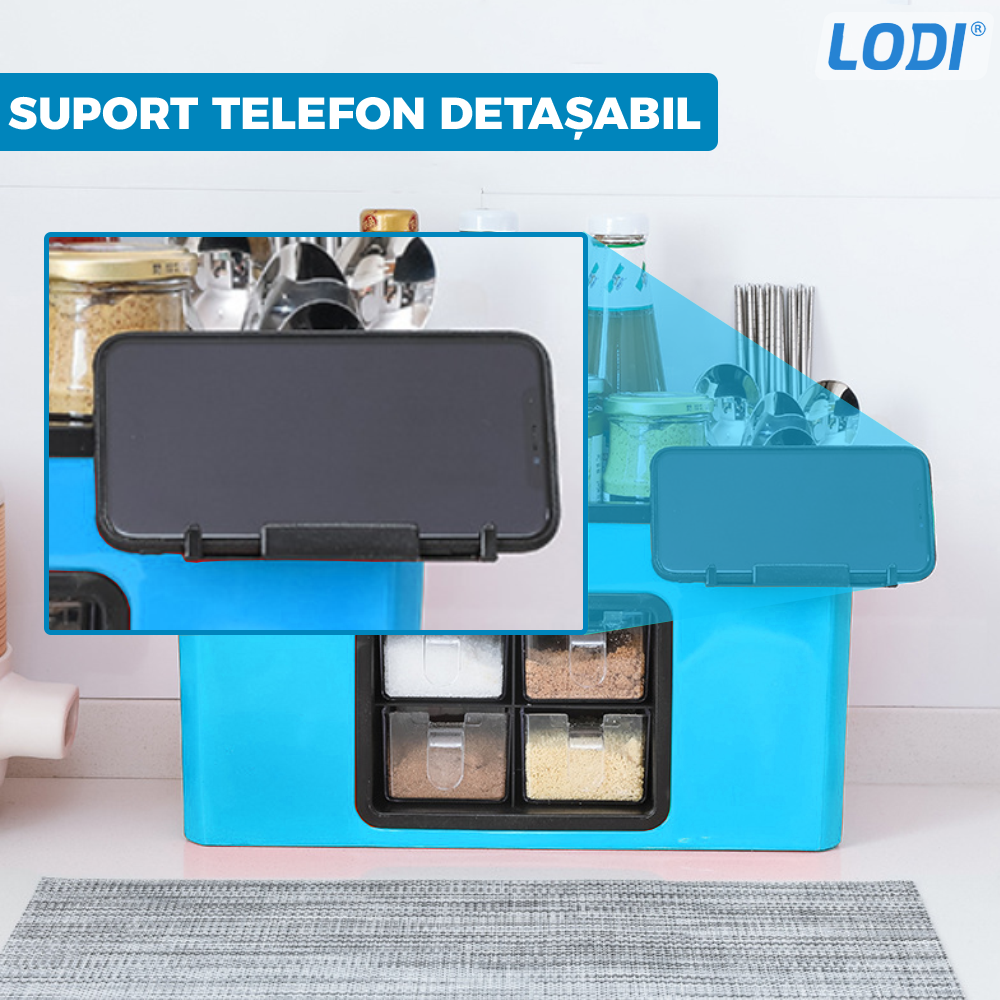 Organizator Multifunctional pentru Bucatarie Lodi604, 4 Compartimente, raft condimente, suport detasabil telefon, tavita de scurgere, suport tacamuri/ustensile, albastru