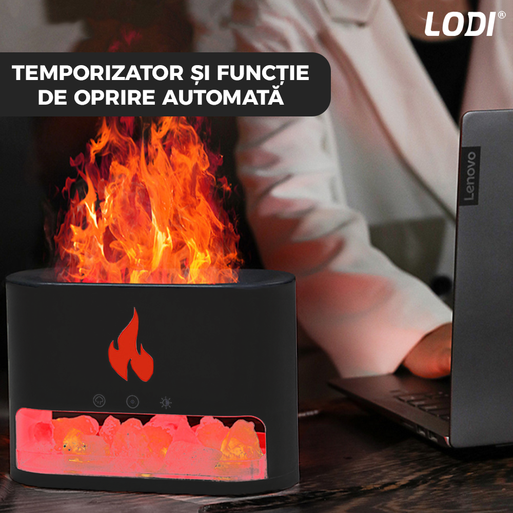 Difuzor Aromaterapie Lodi594, efect flacara, 4 culori LED, capacitate 250ml, cristale de sare de himalaya, silentios, umidifica aerul, negru