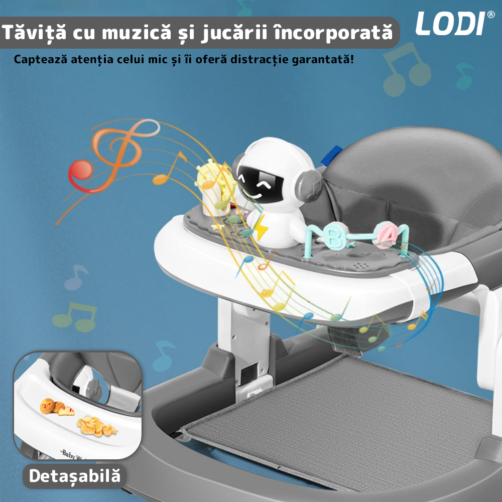 Premergator Multifunctional pentru Bebelusi Lodi516, tava cu 3 jucarii, muzica, reglabil, pliabil, greutate max 20kg, 6-36 luni, gri