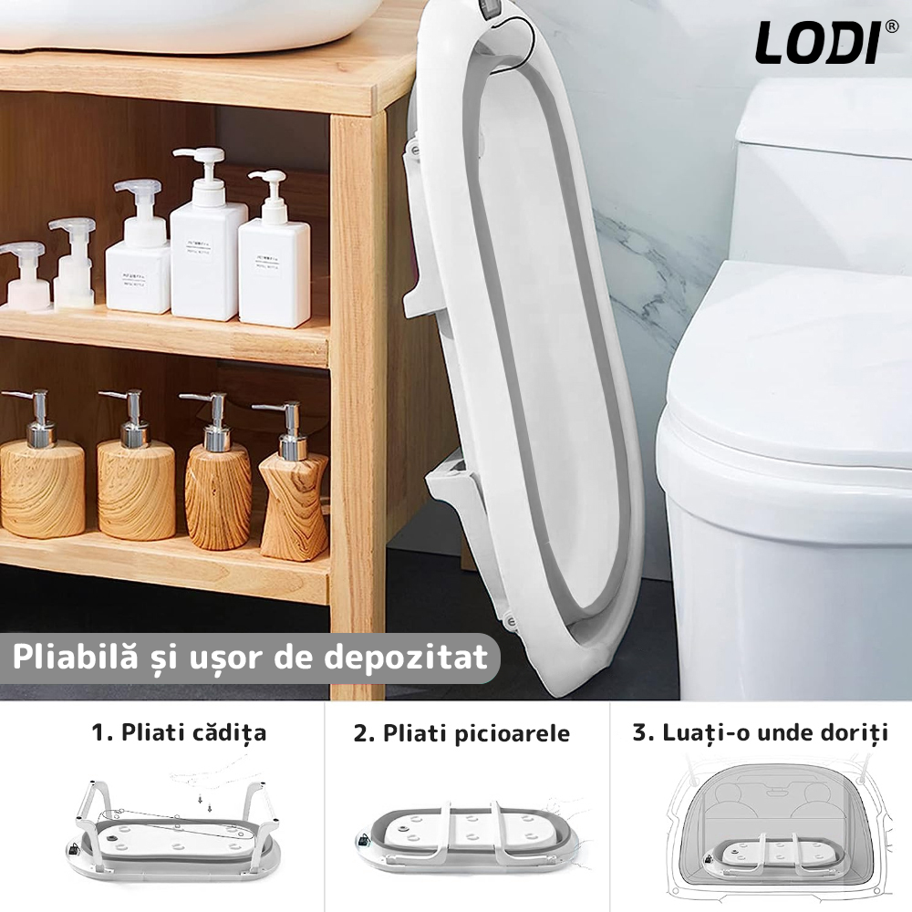 Cadita cu Pernuta pentru Bebelusi Lodi643, termometru digital incorporat, pliabila, dop de scurgere, picioare anti-alunecare, design ergonomic, 75 x 45 x 22 cm, gri cu stelute