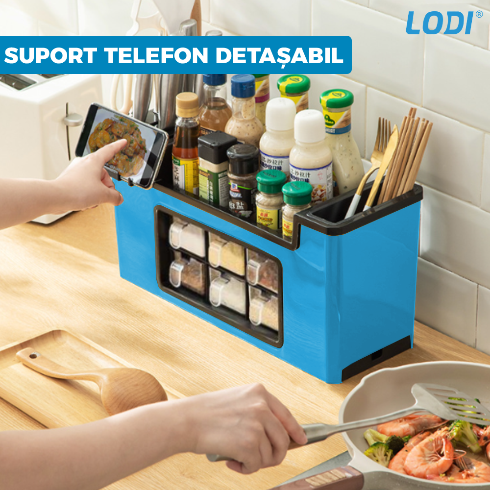 Organizator Multifunctional pentru Bucatarie Lodi602, 6 Compartimente, raft condimente, suport detasabil telefon, tavita de scurgere, suport tacamuri/ustensile, albastru