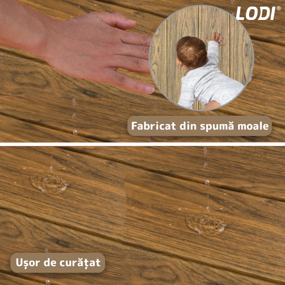 Set Tapet Panou 3D Lodi96, Model Lemn, suprafata acoperire 4.9 mp, autoadeziv, waterproof, usor de montat, design modern, 70x70 cm, maro stejar