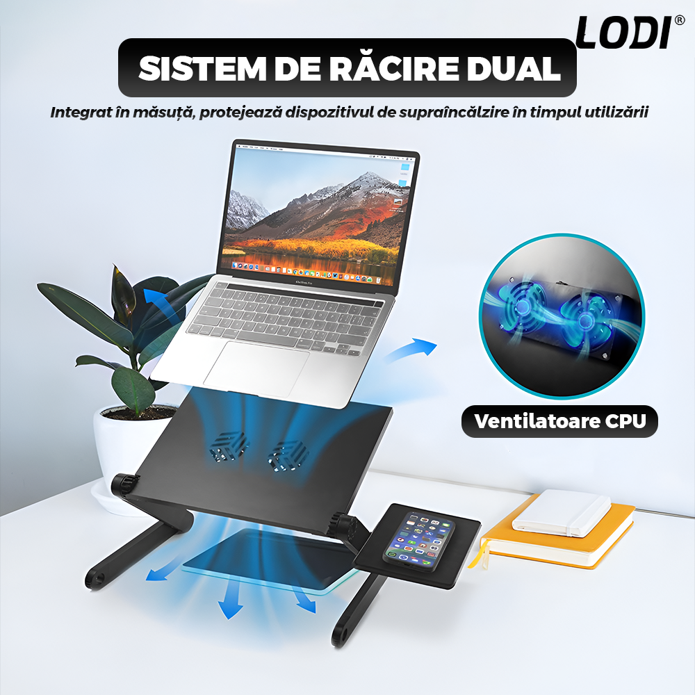Masuta pentru Laptop 2 in 1 Lodi1241, reglabila pe inaltime, sistem de ventilatie dublu, coolere CPU, suport reglabl pentru mouse, multifunctionala, versatila, 42 x 26 cm, negru
