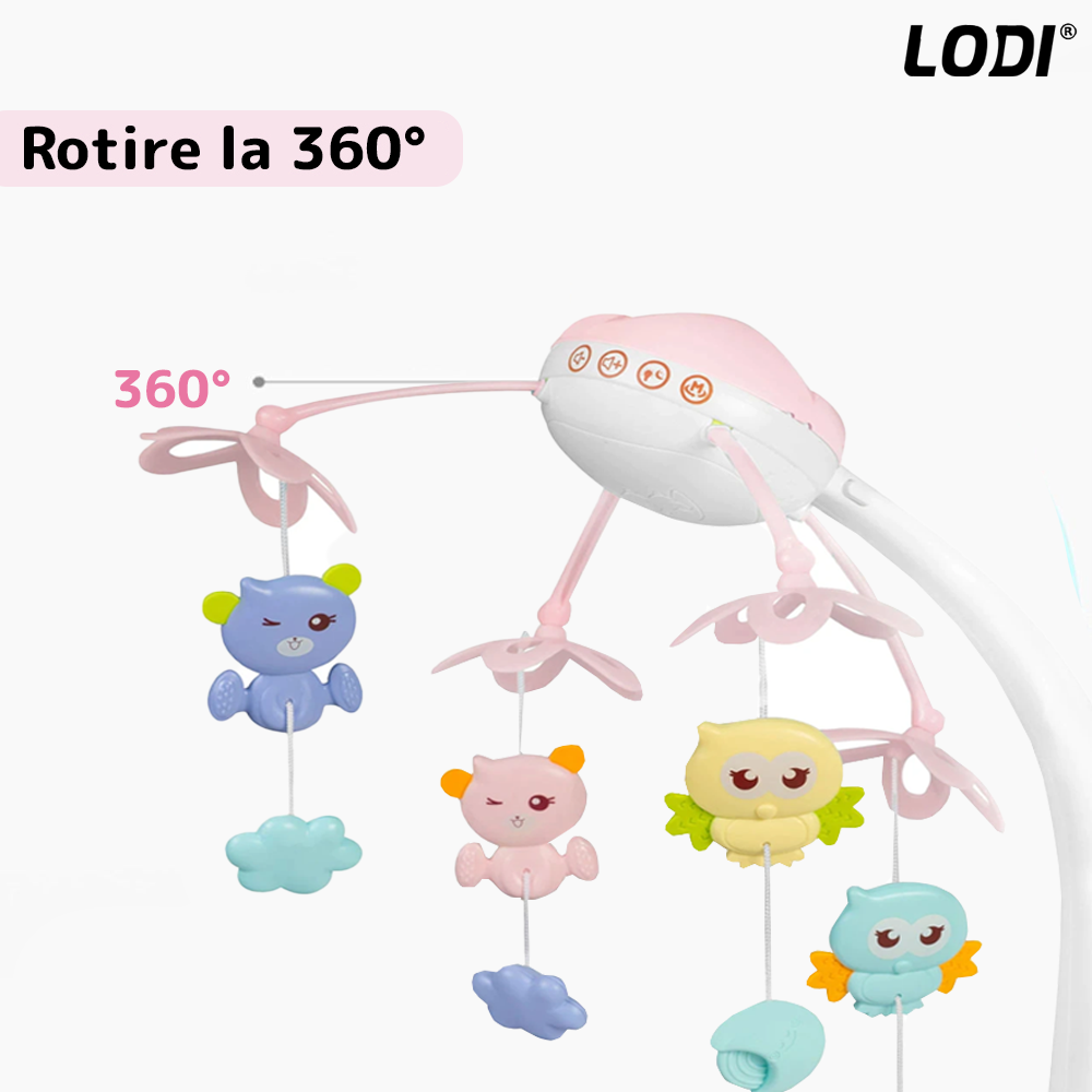 Carusel Muzical pentru Patut Lodi526, Bebe, control prin telecomanda, proiector, muzica si lumini, jucarii detasabile, roz