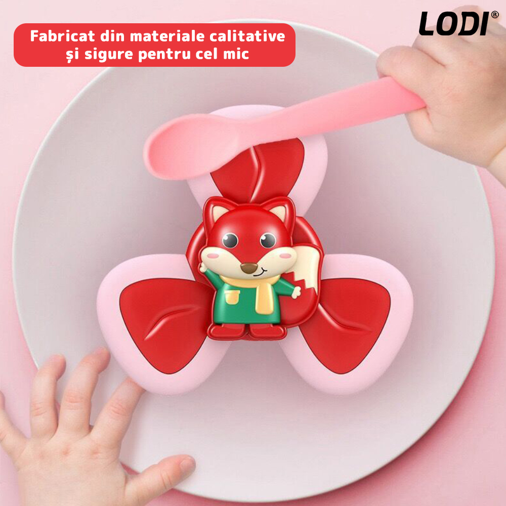 Jucarie Interactiva Fidget Spinner Lodi5, forma Vulpe, margini de silicon, 3 laturi, ventuza de prindere, 1-3 ani, rosu