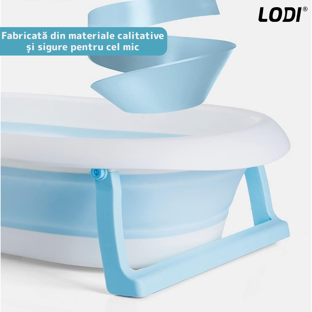 Cadita cu Pernuta pentru Bebelusi Lodi1316, casca de protectie inclusa, termometru digital incorporat, pliabila, dop de scurgere, picioare anti-alunecare, design ergonomic, 75 x 45 x 22 cm, albastru