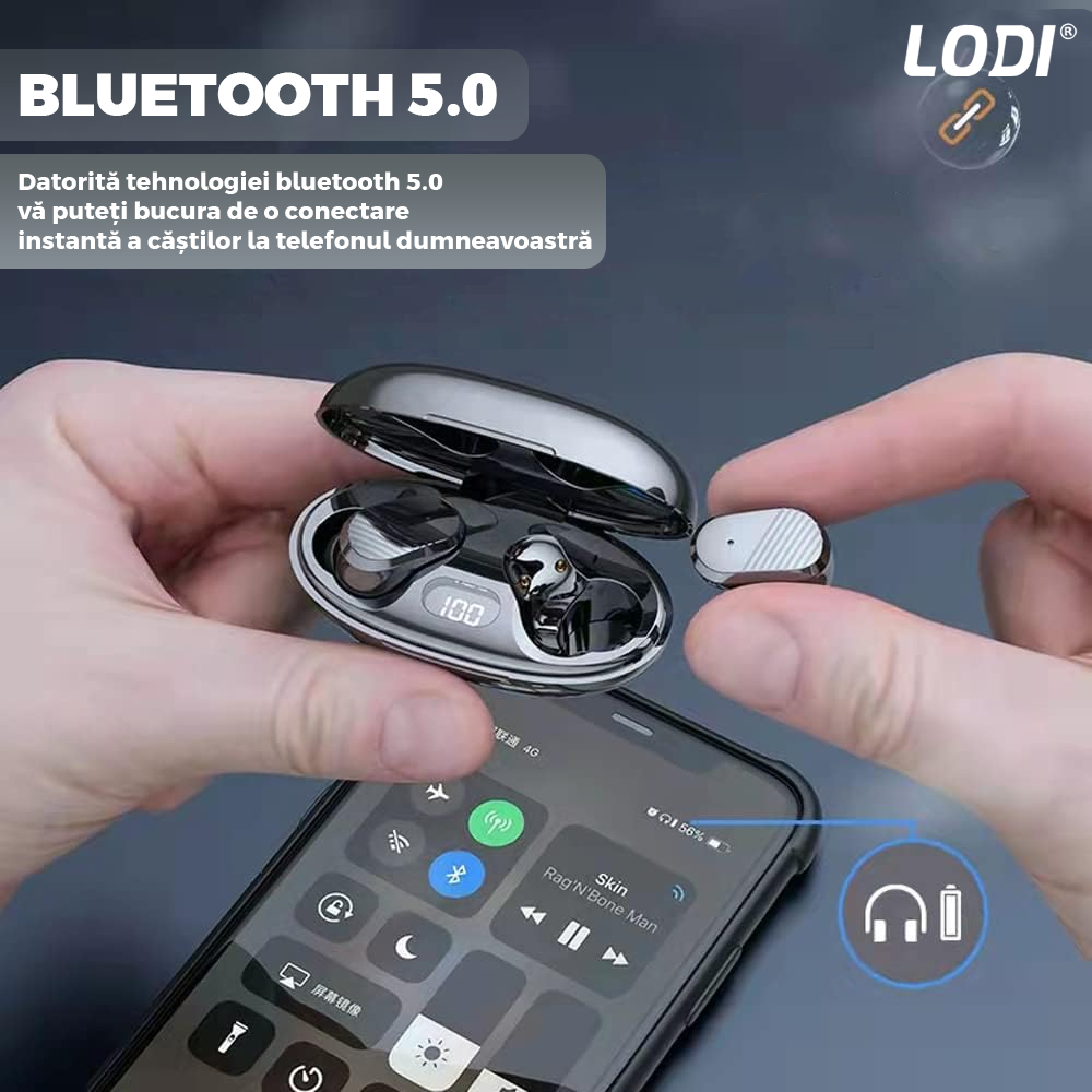 Casti Wireless Lodi985, TWS, Bluetooth 5.0, afisaj digital, carcasa magnetica, sunet stereo, compatibilitate univesala, design compact, autonomie 7 ore,negru