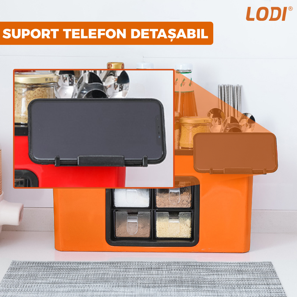 Organizator Multifunctional pentru Bucatarie Lodi603, 4 Compartimente, raft condimente, suport detasabil telefon, tavita de scurgere, suport tacamuri/ustensile, portocaliu