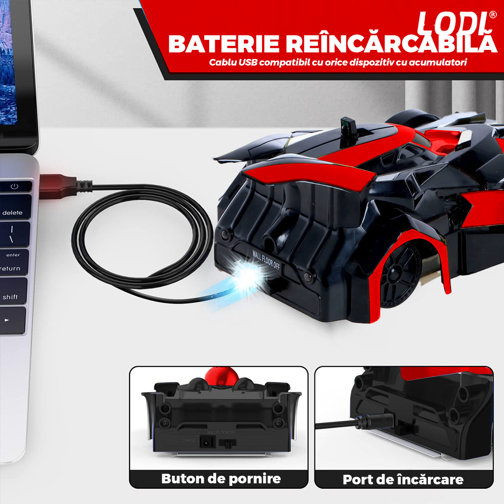 Masinuta Antigravitationala cu Telecomanda Lodi1416, urcare pe pereti si tavan, compatibila cu orice suprafata, rotire 360 de grade, senzor infrarosu, incarcare cu port USB, telecomanda intuitiva, rosu/negru
