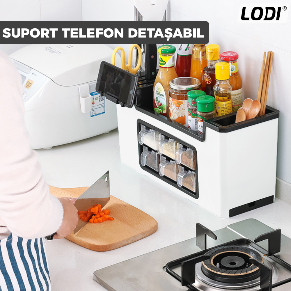 Organizator Multifunctional pentru Bucatarie Lodi531, 6 Compartimente, raft condimente, suport detasabil telefon, tavita de scurgere, suport tacamuri/ustensile, alb