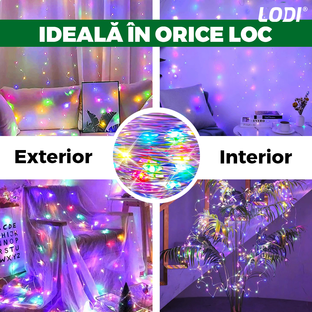 Instalatie de Craciun Perdea Lodi1442, fir cupru, 3x3 m, control prin telecomanda, 8 jocuri de lumini, alimentare USB, fir alb, interior/exterior, 300 LED-uri, multicolor