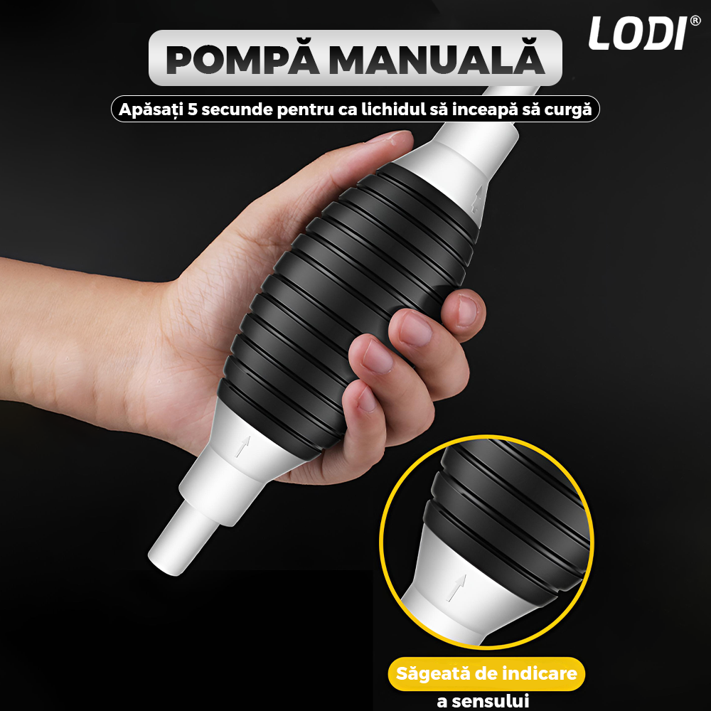 Pompa Manuala pentru Transfer Lichide Lodi995, cleme prindere, tip sifon, furtun 1, 5m lungime, anti-scurgere, materiale calitative, negru-alb