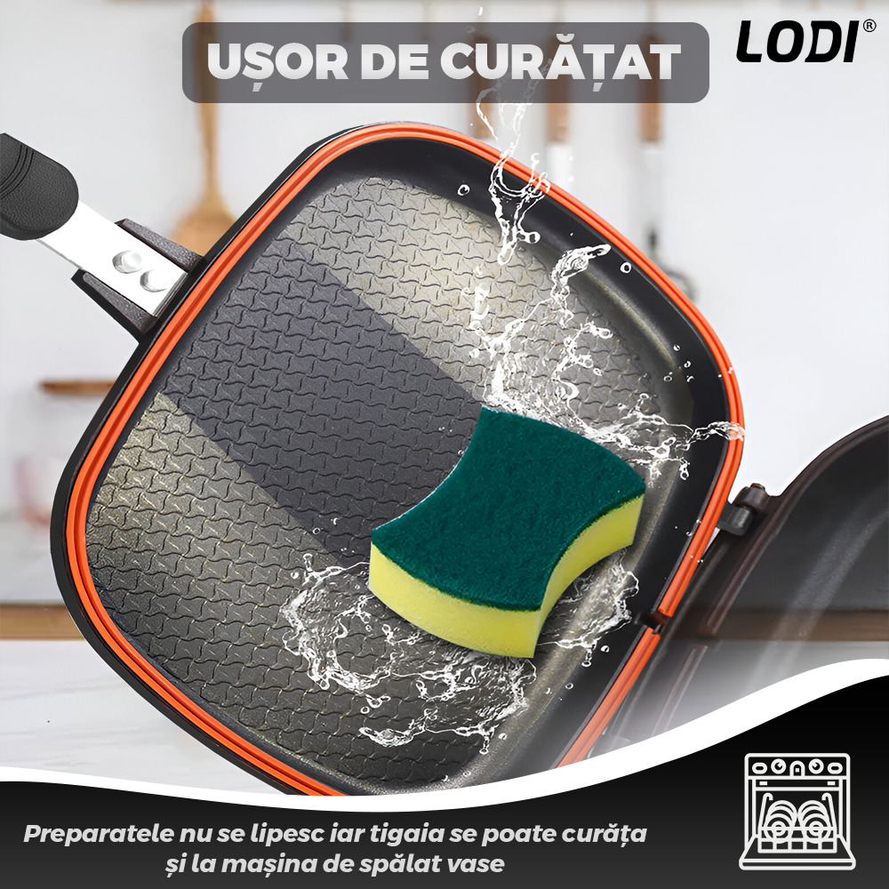 Tigaie Dubla cu Presiune Lodi1295, doua fete, pliabila, pluristratificata, invelis din ceramica, pentru griil sau gatit clasic, negru