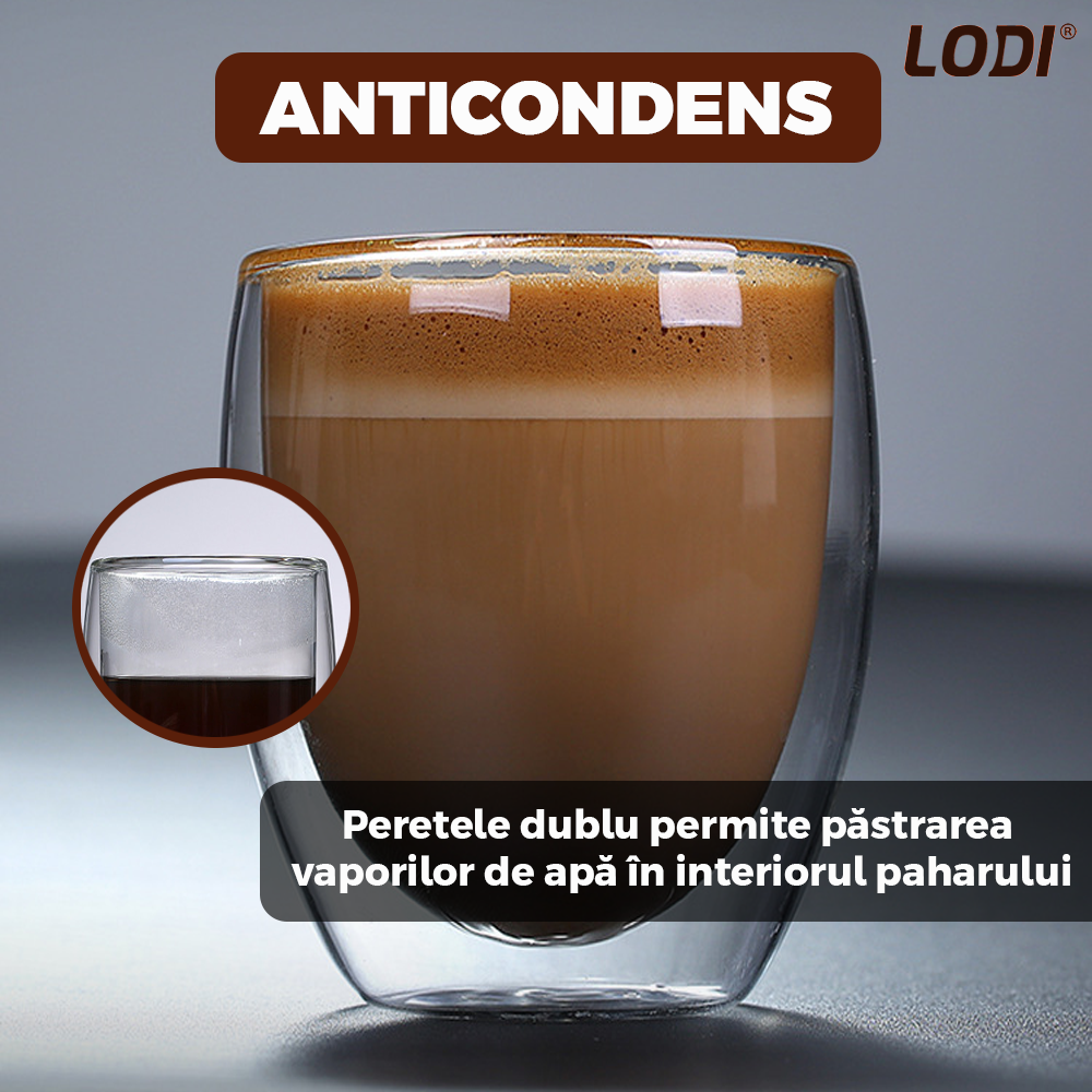 Set 4 pahare din sticla cu perete dublu Lodi419, termorezistente, design modern, capacitate 250 ml, 9 x 8 cm