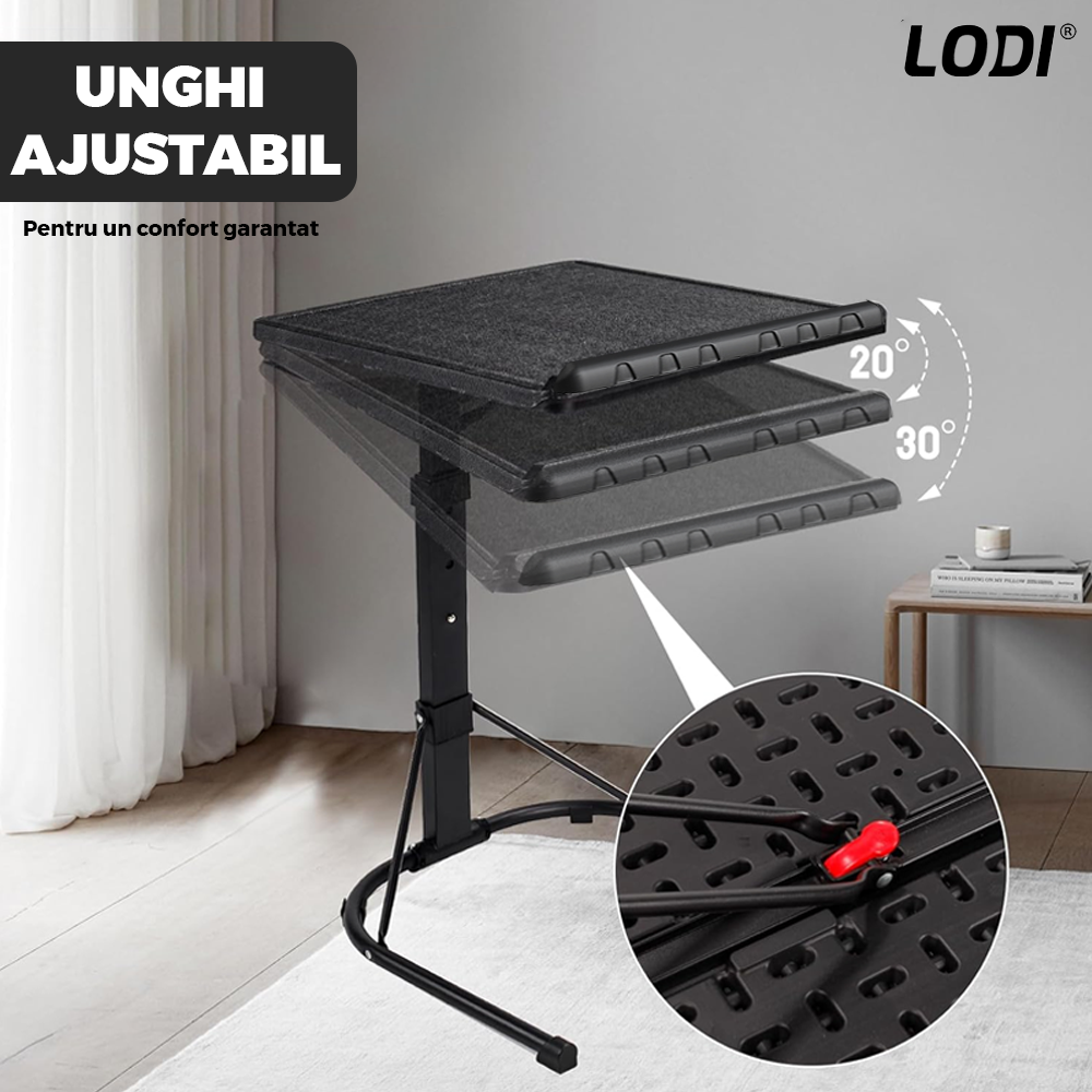 Masa Laptop Multifunctionala Lodi626, patrata, 3 trepte de inaltime, unghi ajustabil, cadru metalic, rezistenta, negru, 43 x 43 cm