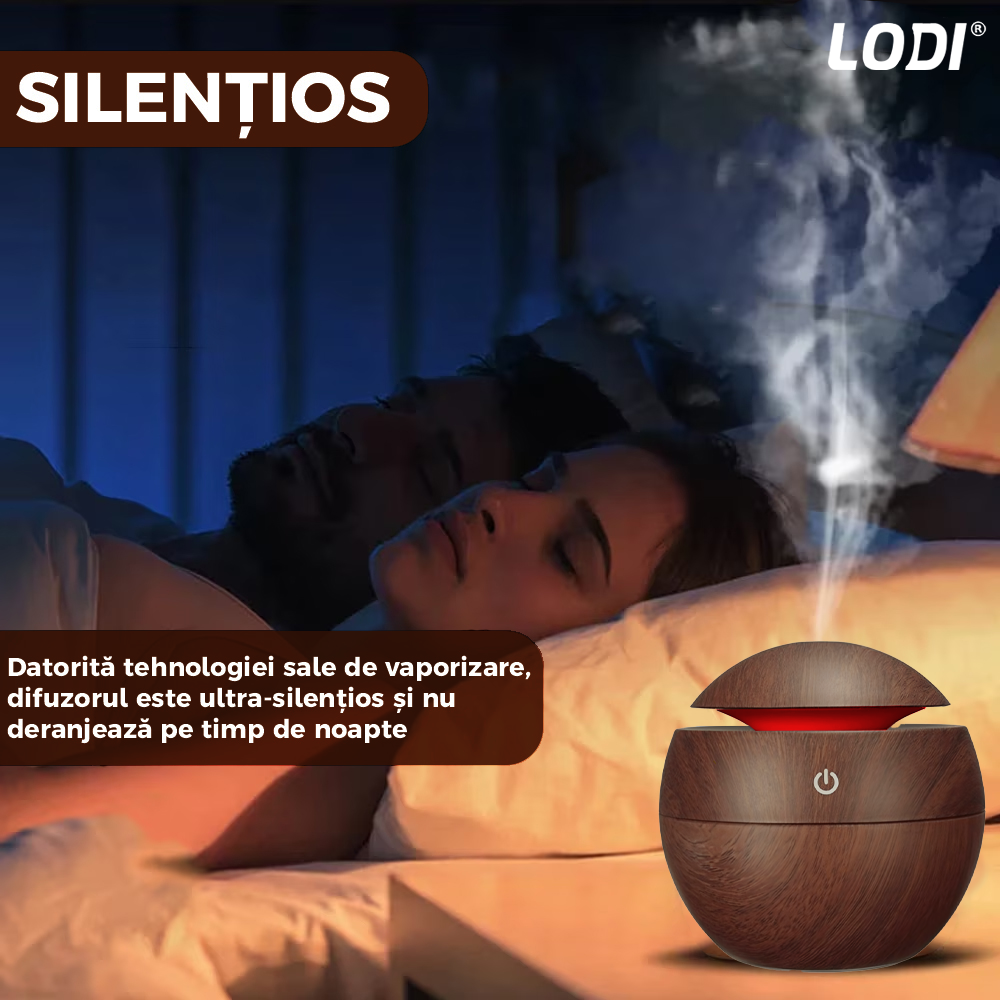 Difuzor Aromaterapie Lodi1465, forma de sfera, 7 culori LED, lumini dinamice, control tactil, capacitate 130ml, silentios, rezerva inclusa, umidifica aerul, stejar inchis