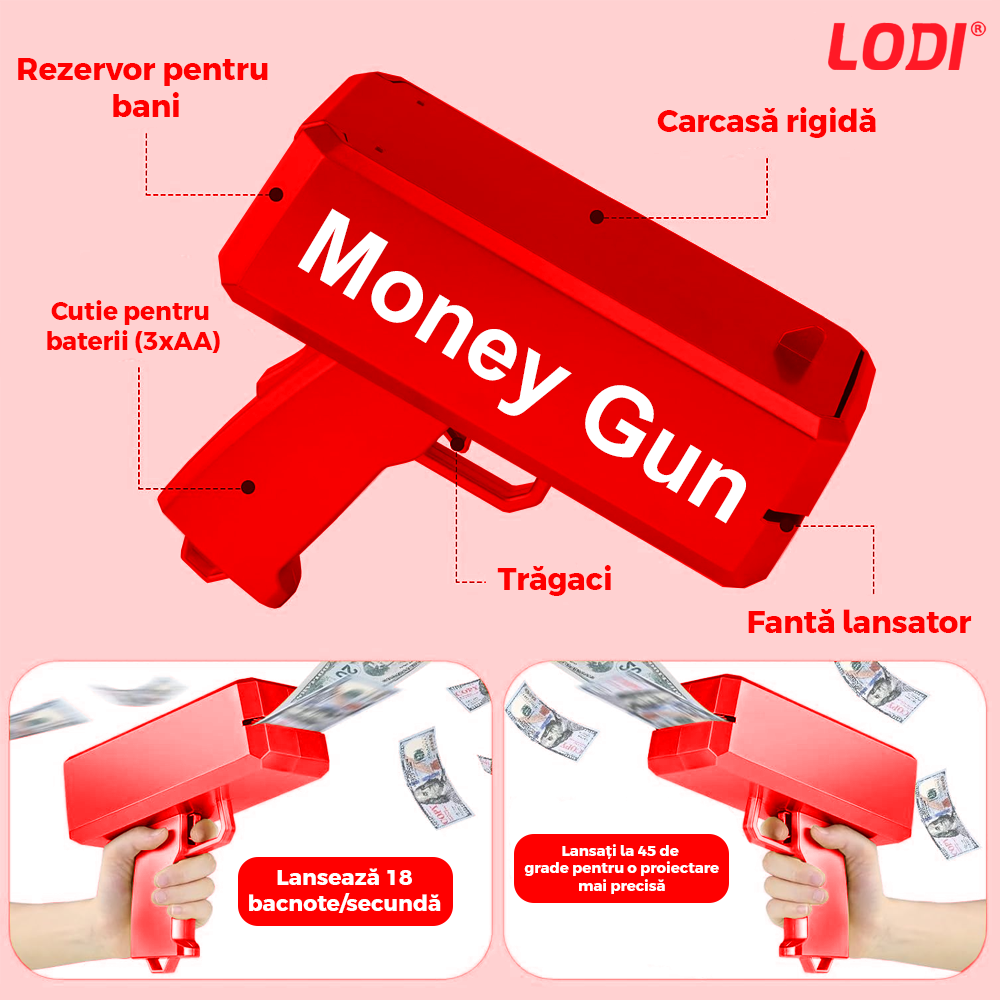 Pistol de Lansat Bani Lodi1131, pentru petreceri si aniversari, carcasa rezistenta, autonomie pe baterii, capacitate 300 de bacnote, rosu