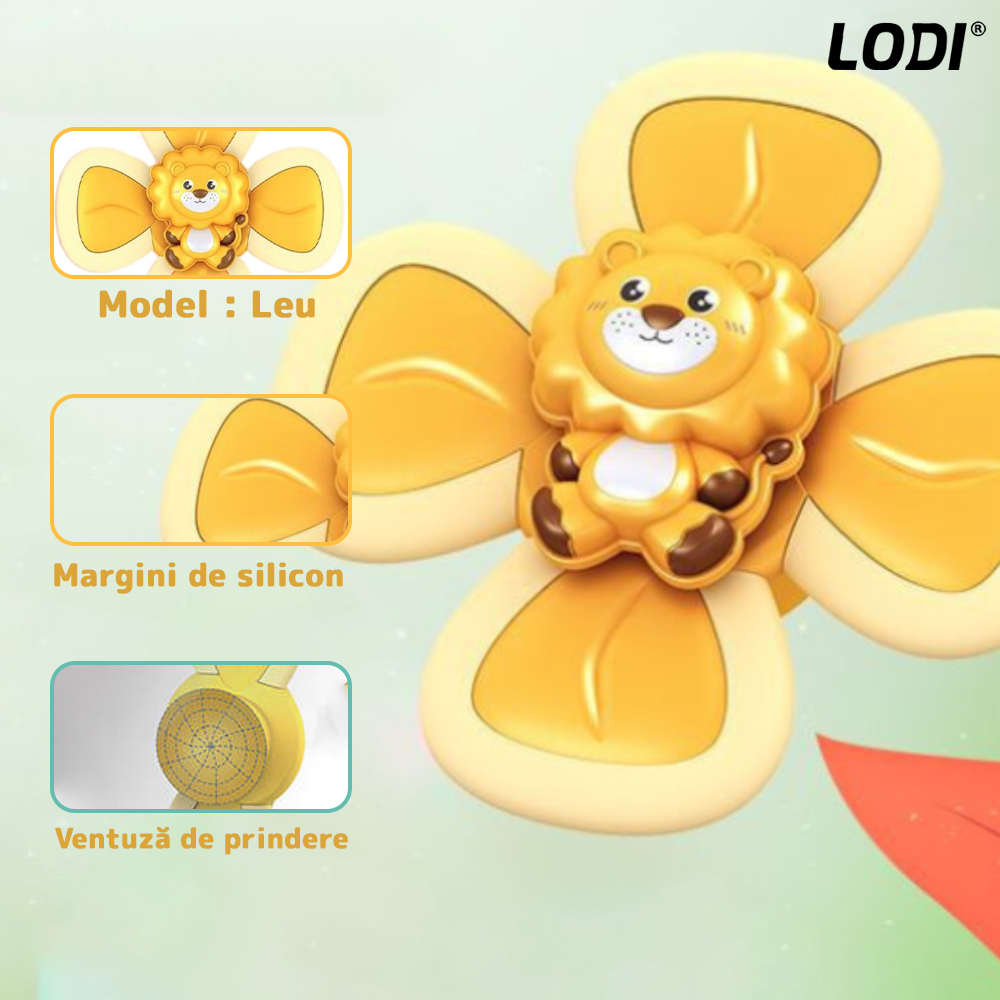 Jucarie Interactiva Fidget Spinner Lodi7, forma Leu, margini de silicon, 4 laturi, ventuza de prindere, 1-3 ani, galben