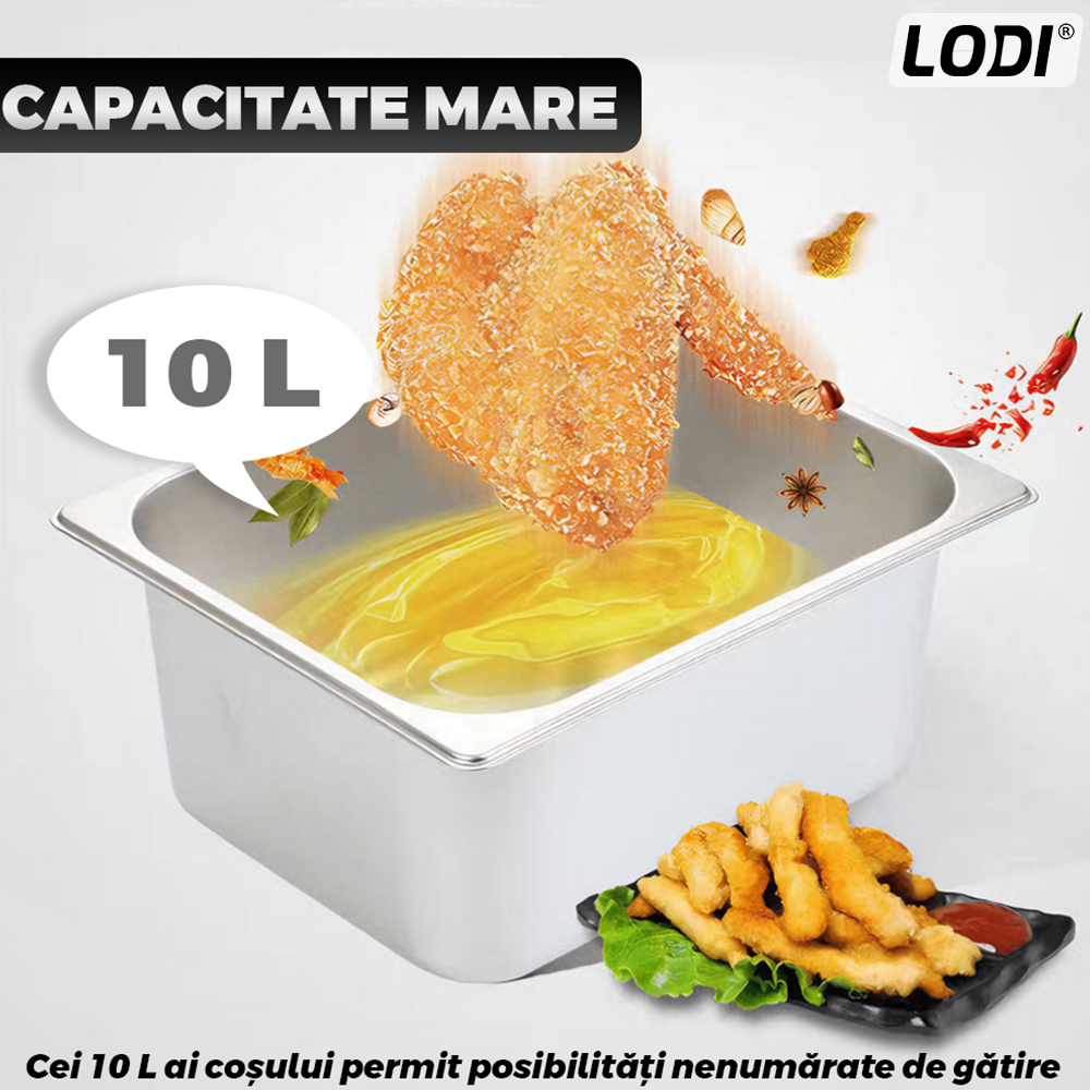 Friteuza Electrica Comerciala Lodi1110, un rezervor, usor de curatat, cos auto-strecurabil, blat din otel inoxidabil, capac pentru prevenirea stropirii, capacitate 10L, gri