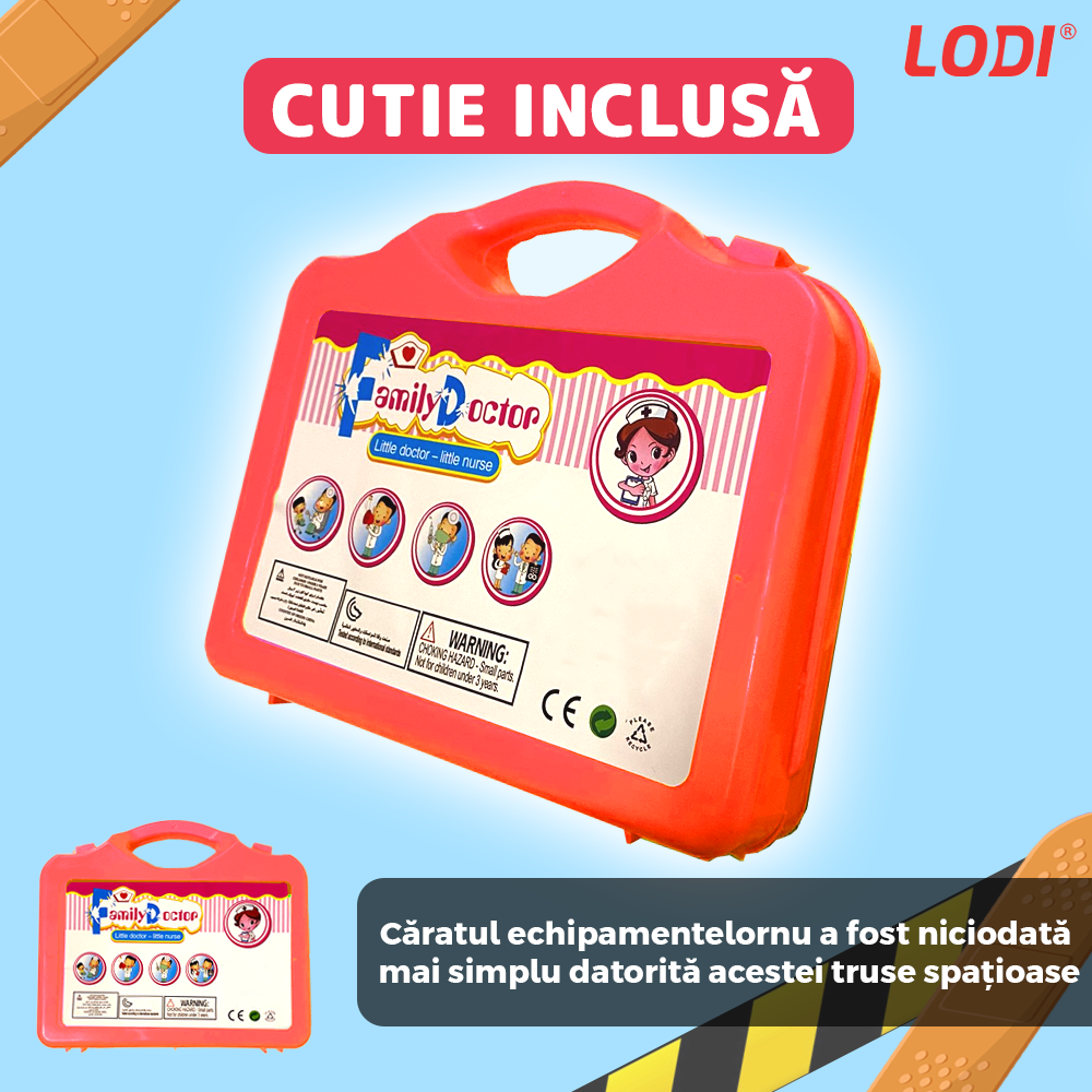 Set Trusa Medicala Asistenta Doctor Lodi481, joc de rol, 13 accesorii si cutie penntru depozitare, mini pacient, 37.5 x 21 cm, rosu