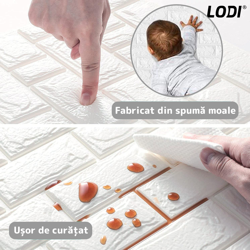 Set Tapet Caramida 3D Lodi51, suprafata acoperire 5.3 mp, autoadeziv, waterproof, usor de montat, design modern, 70x77 cm, alb