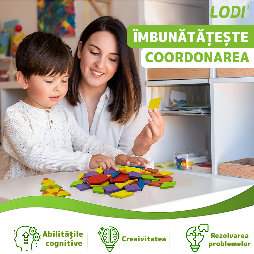 Joc Educativ din Lemn Lodi1172, Tangram cu 250 piese, 12 planse de puzzle, cifre și simboluri matematice, dezvolta inteligenta, culori non-toxice, multicolor