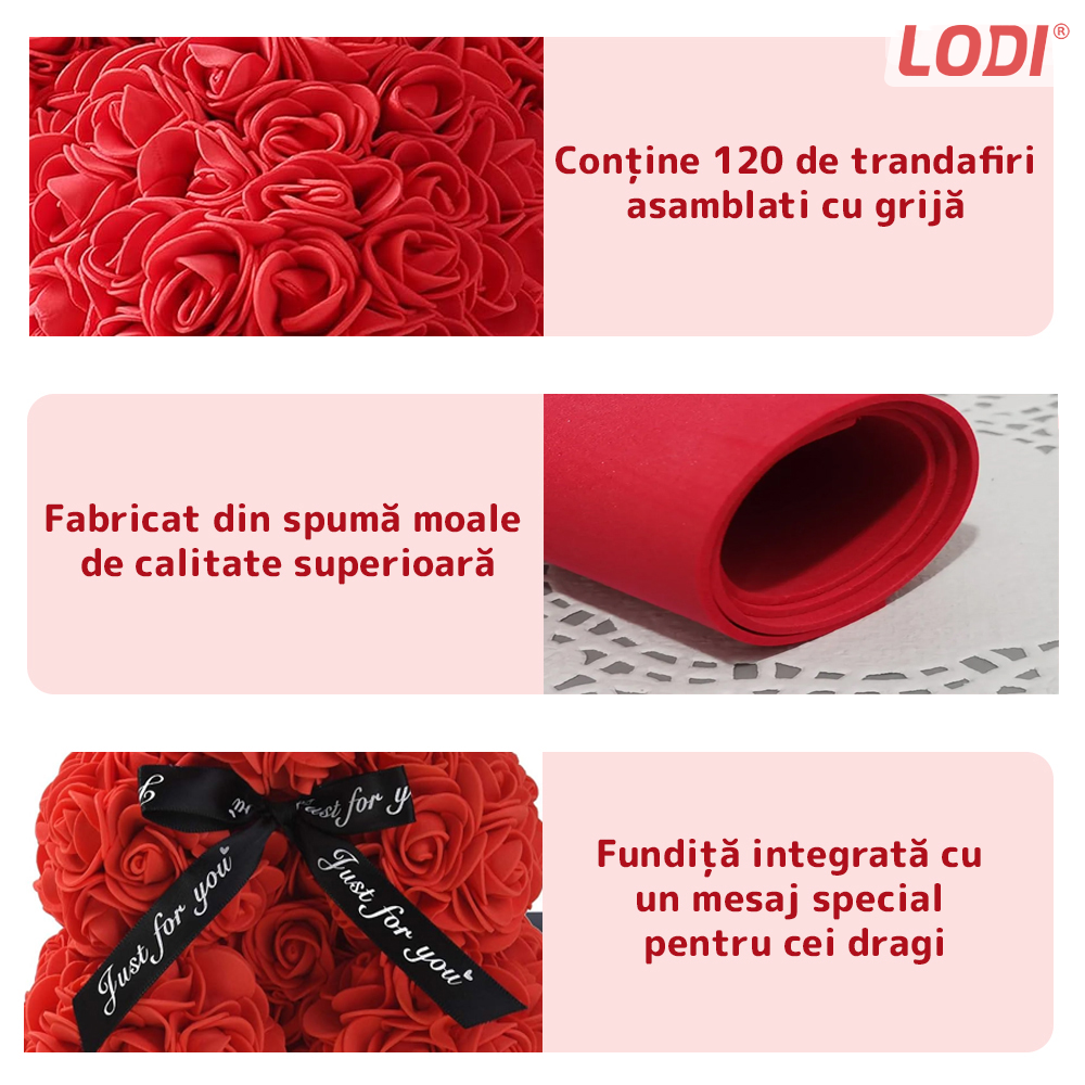 Ursulet din Trandafiri de Spuma Lodi330, floral rosu, handmade, cutie transparenta, 25 cm