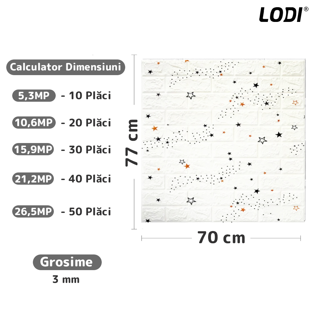 Set Tapet Caramida 3D Lodi69, model Stelute, suprafata acoperire 5.3 mp, autoadeziv, waterproof, usor de montat, design modern, 70x77 cm, alb