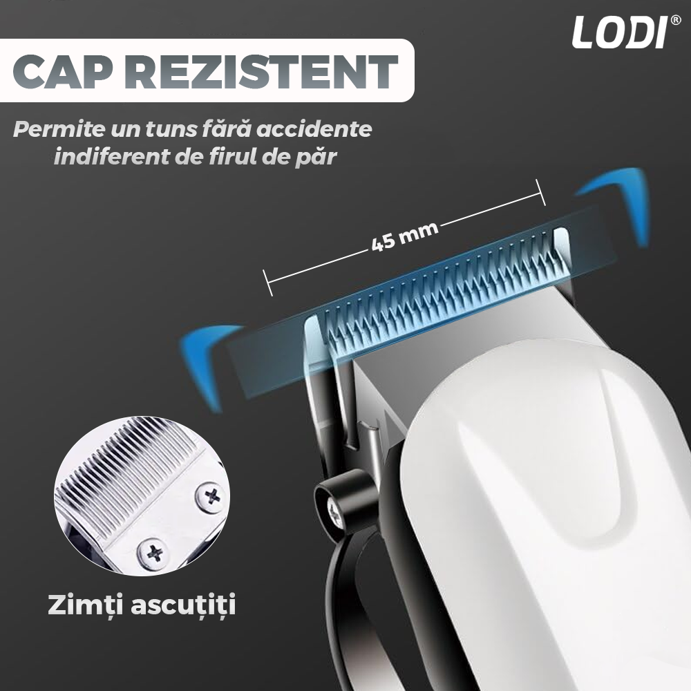 Aparat de tuns barba Lodi979, afisaj digital, 4 piepteni inclusi, incarcare la retea, lame ascutite, usor de curatat, trimmer profesional, alb