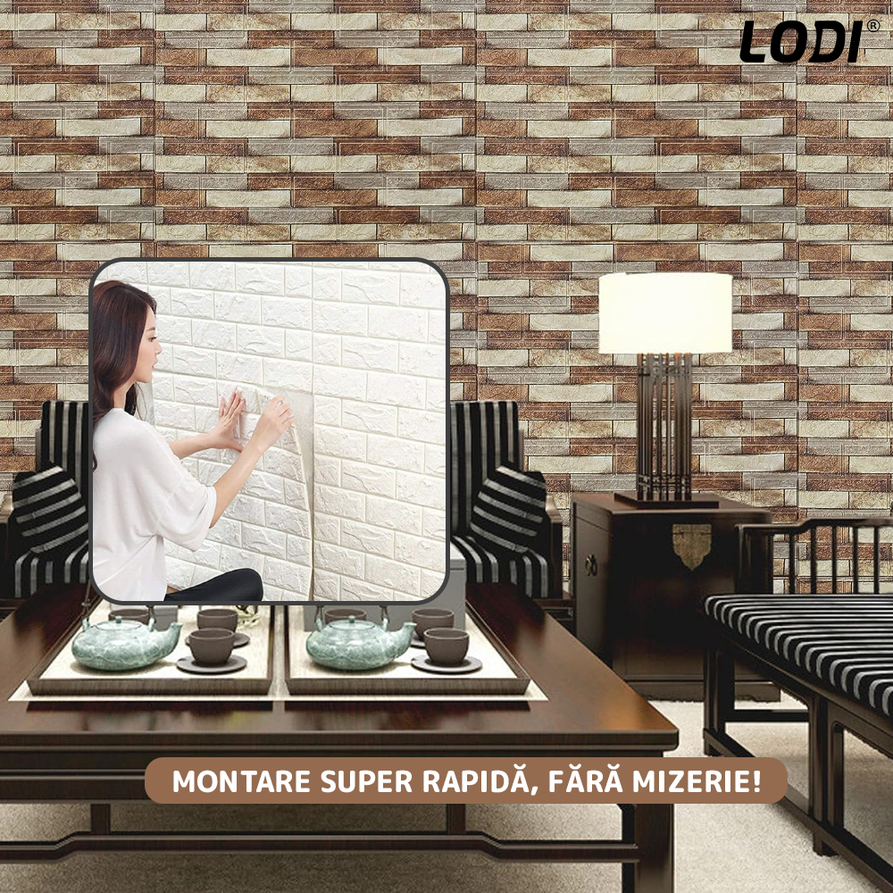 Set Tapet Caramida 3D Lodi239, Model Piatra Cubica, suprafata acoperire 5.3 mp, autoadeziv, waterproof, usor de montat, design modern, 70x77 cm, maro deschis