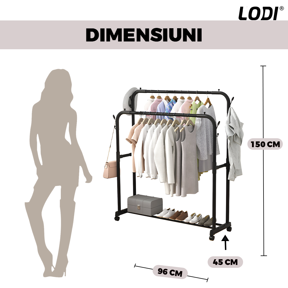 Suport pentru Umerase Lodi1243, haine/pantofi/genti, capacitate ridicata, mobil, roti cu frana incorporate, cuiere laterale, metal, 150 x 96 x 45 cm, negru