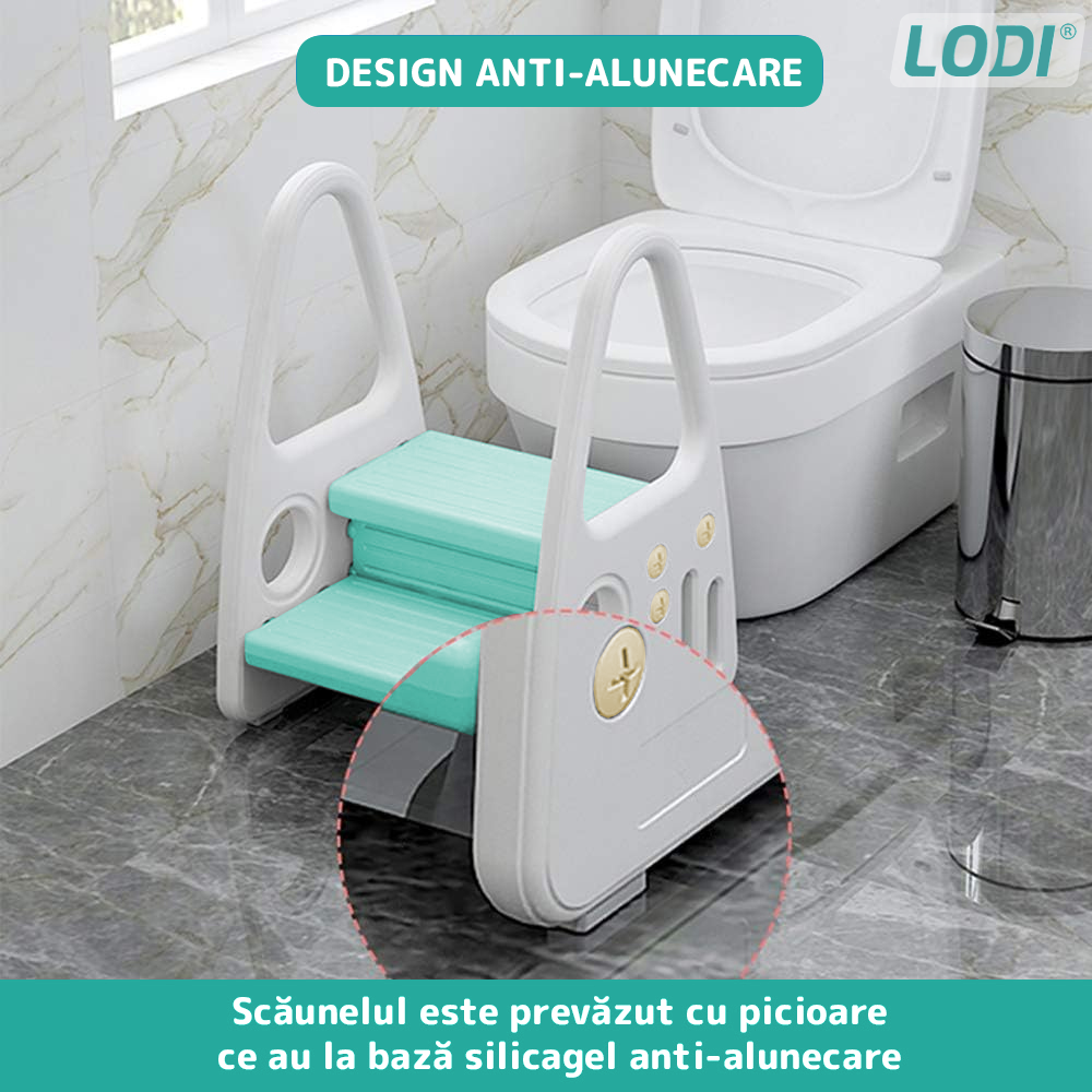 Scaunel Inaltator pentru Copii Lodi640, multifunctional, tip scara, doua trepte, suprafata anti-alunecare, manere laterale, pentru bucatarie/baie, confortabil, sigur, turcoaz