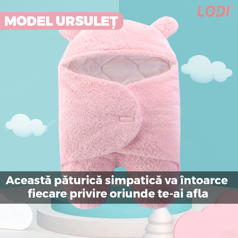 Paturica Pufoasa pentru Bebe Lodi496, calduroasa, in forma de ursulet pentru infasat bebelusi, prindere velcro, 0-6 luni, roz