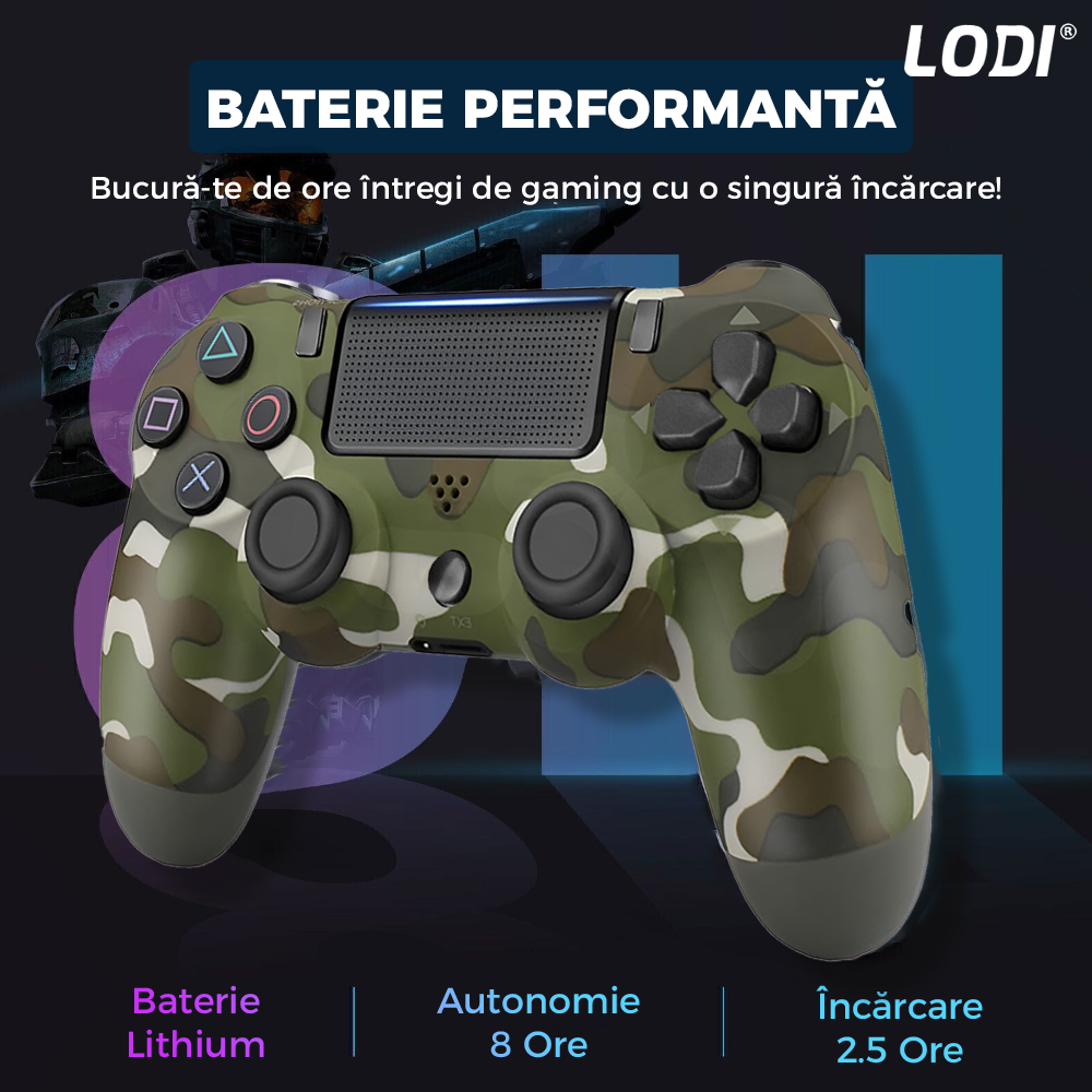 Controller Wireless DoubleShock Lodi1195, compatibil cu PS4, joystick-uri analog, vibratie dubla, baterie performanta, cammouflage