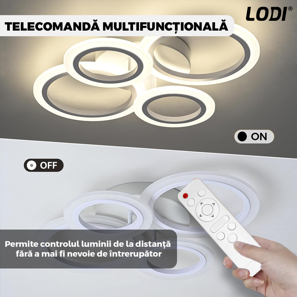 Lustra LED 4 Cercuri Lodi425, dimabila cu telecomanda, 3 tipuri de lumina, intensitate ajustabila, lumina alba rece, neutra, alba cald, putere 110 W, 55 cm
