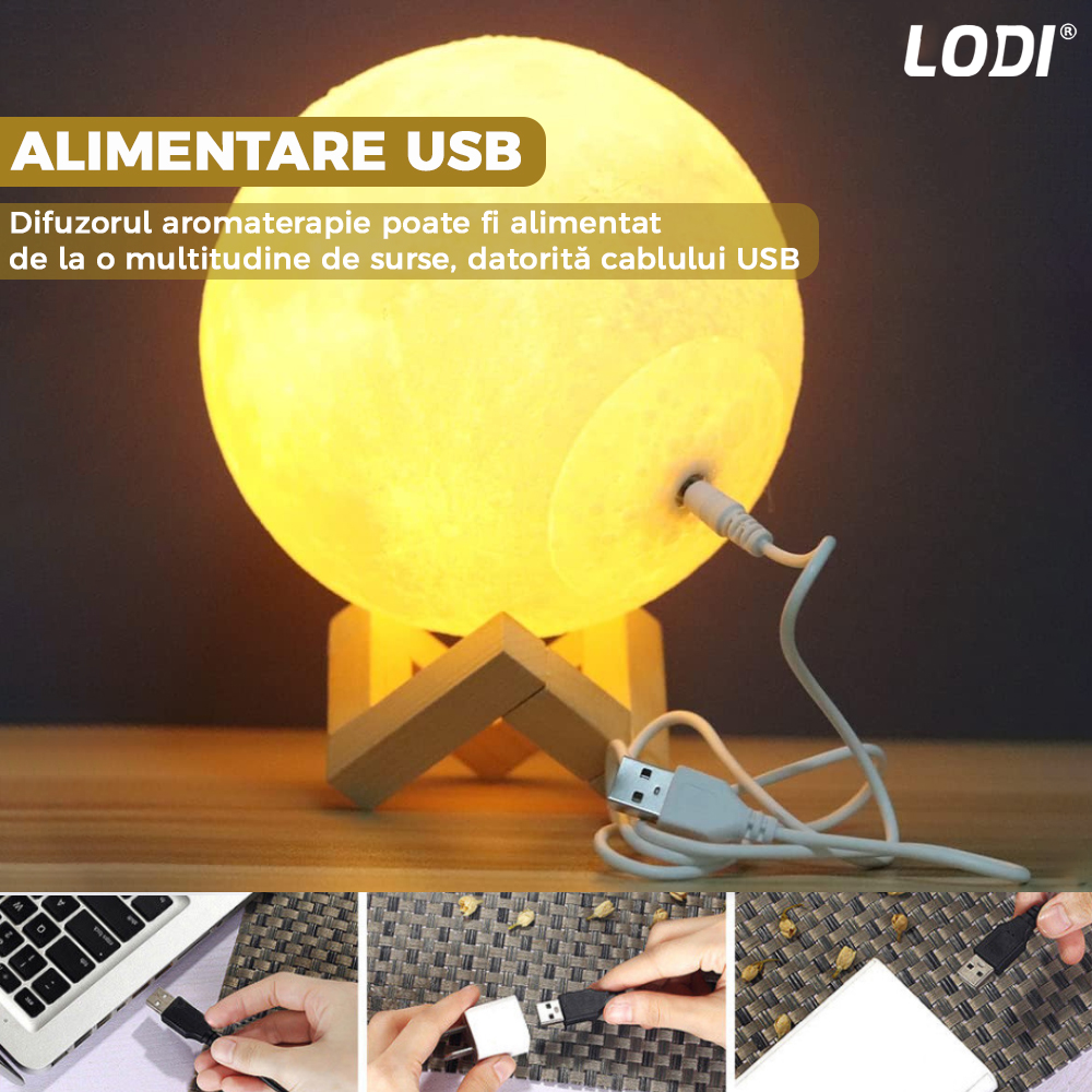 Difuzor Aromaterapie 2in1 Lodi229, 3 moduri de iluminare, capacitate 1500ml, lampa de veghe, silentios, alimentare USB, model luna, umidifica aerul, alb