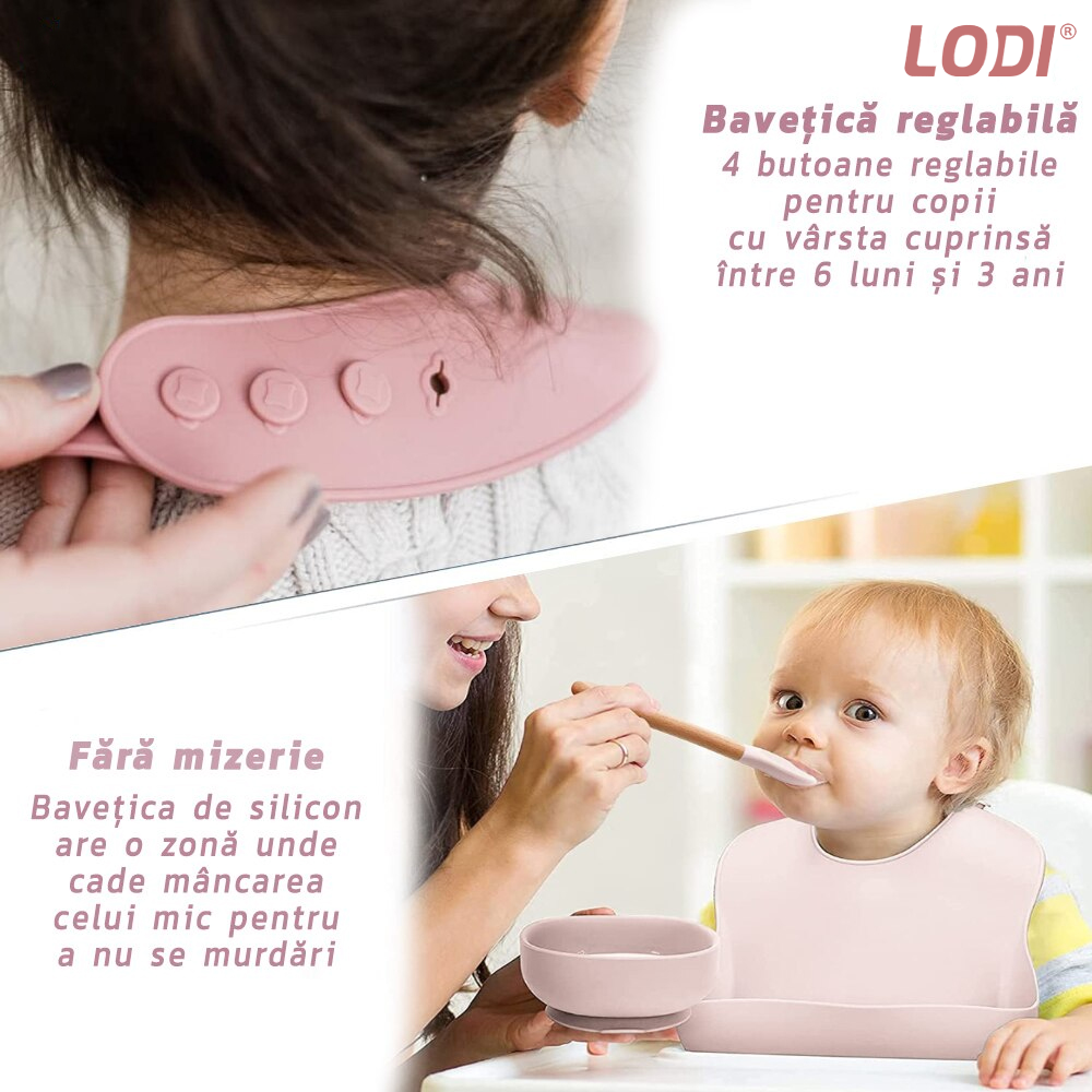 Set Hranire Bebeulsi Lodi509, 6 piese, termorezistente, silicon, fara BPA, pliabile, usor de curatat, roz blush